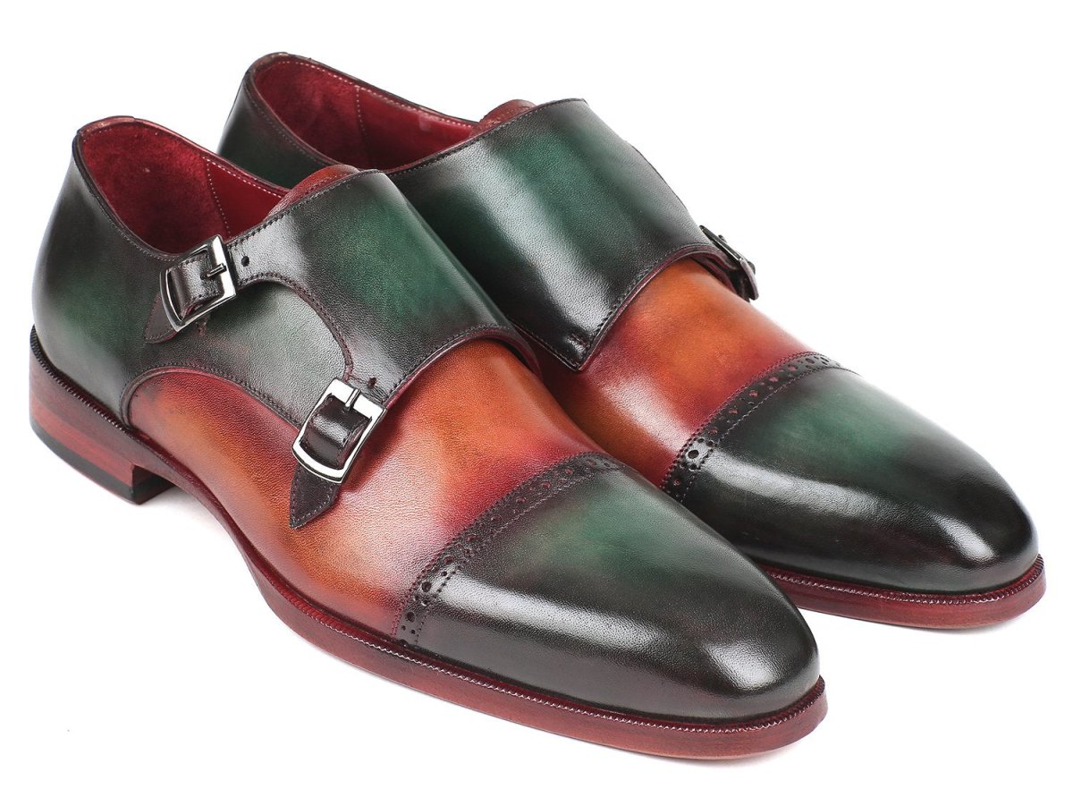 Paul Parkman Captoe Double Monkstraps in Green Camel