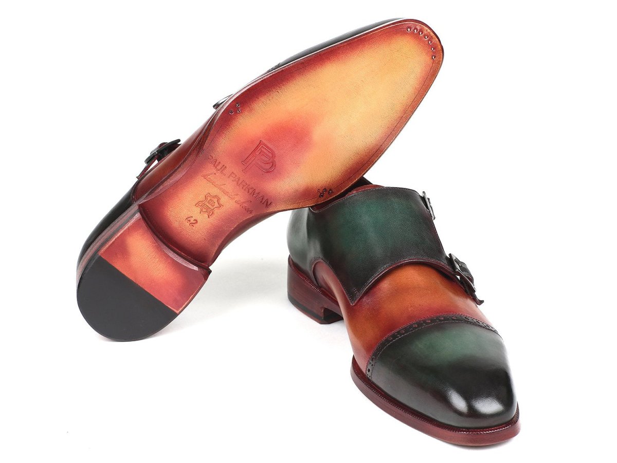 Paul Parkman Captoe Double Monkstraps in Green Camel