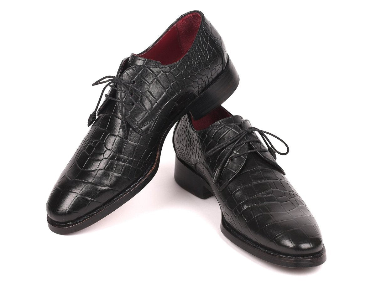 Paul Parkman Croco Embossed Calfskin Goodyear Welted Derby Shoes in Black