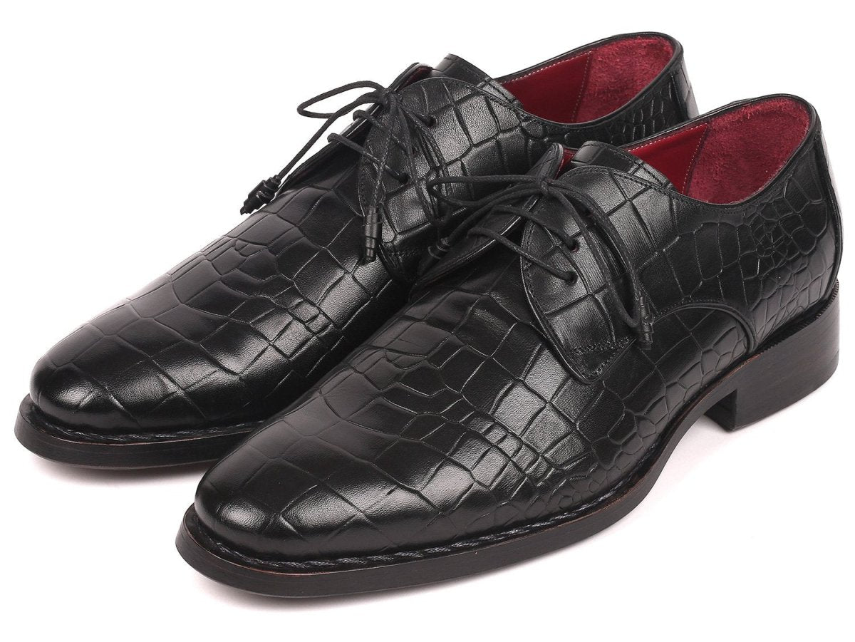 Paul Parkman Croco Embossed Calfskin Goodyear Welted Derby Shoes in Black