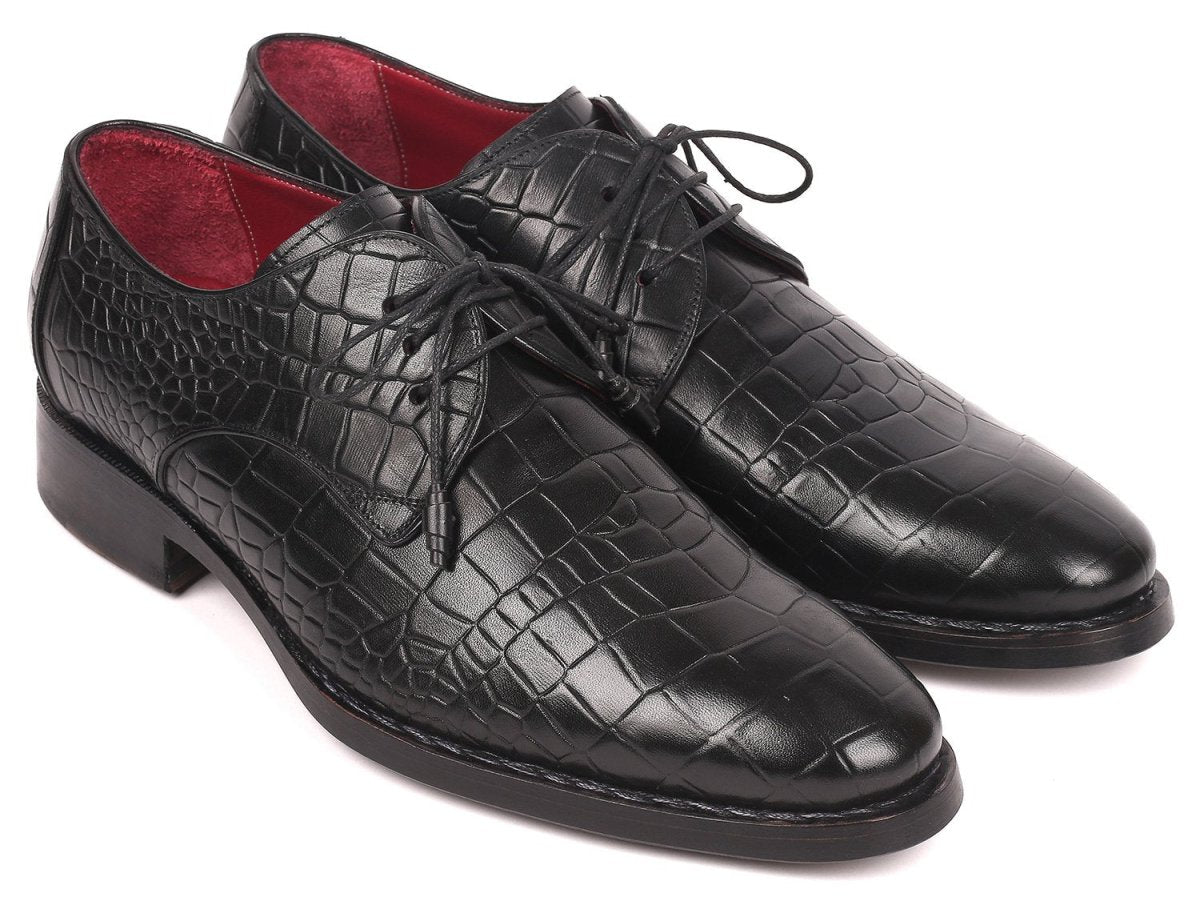 Paul Parkman Croco Embossed Calfskin Goodyear Welted Derby Shoes in Black