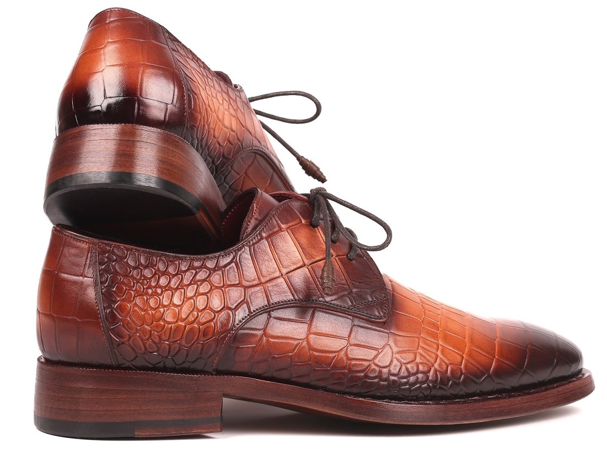 Paul Parkman Croco Embossed Calfskin Goodyear Welted Derby Shoes in Brown