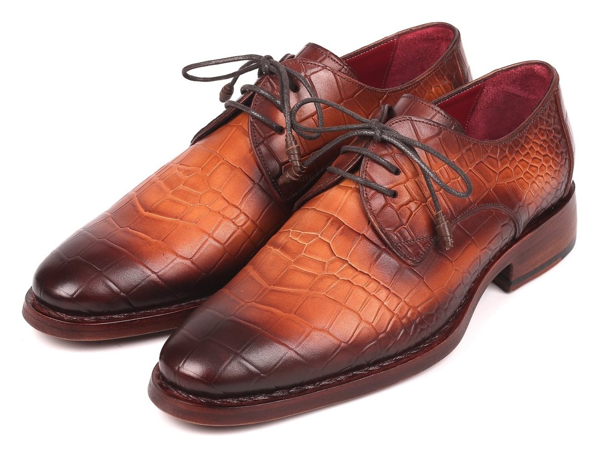 Paul Parkman Croco Embossed Calfskin Goodyear Welted Derby Shoes in Brown