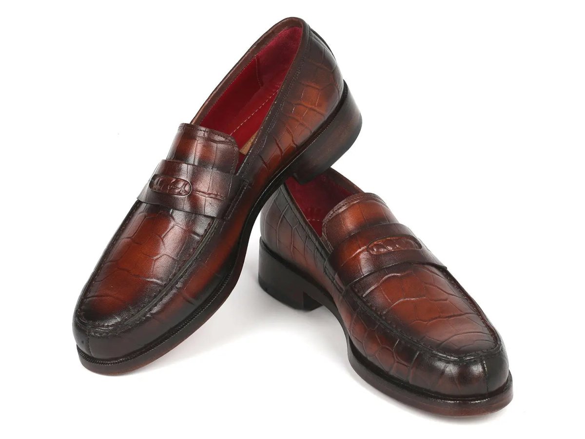 Paul Parkman Croco Embossed Calfskin Penny Loafers in Brown