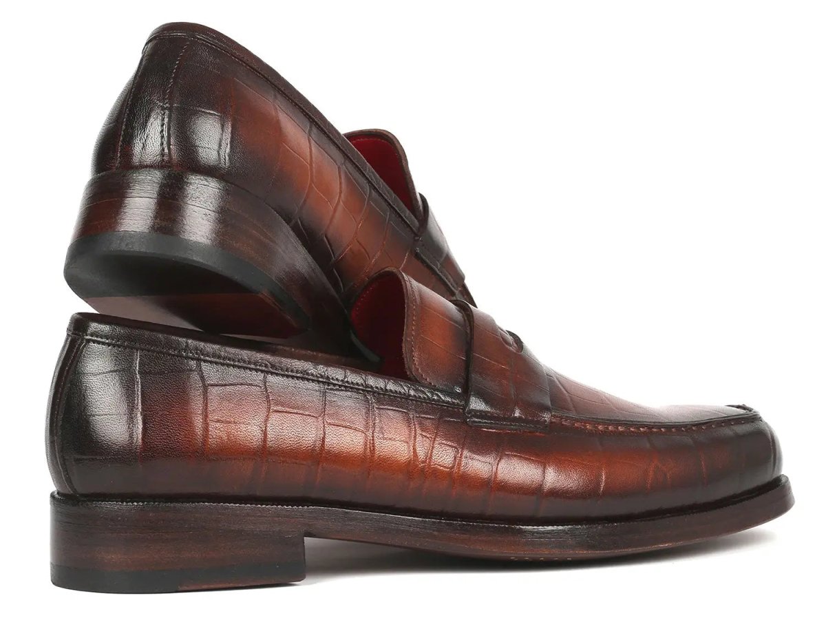 Paul Parkman Croco Embossed Calfskin Penny Loafers in Brown