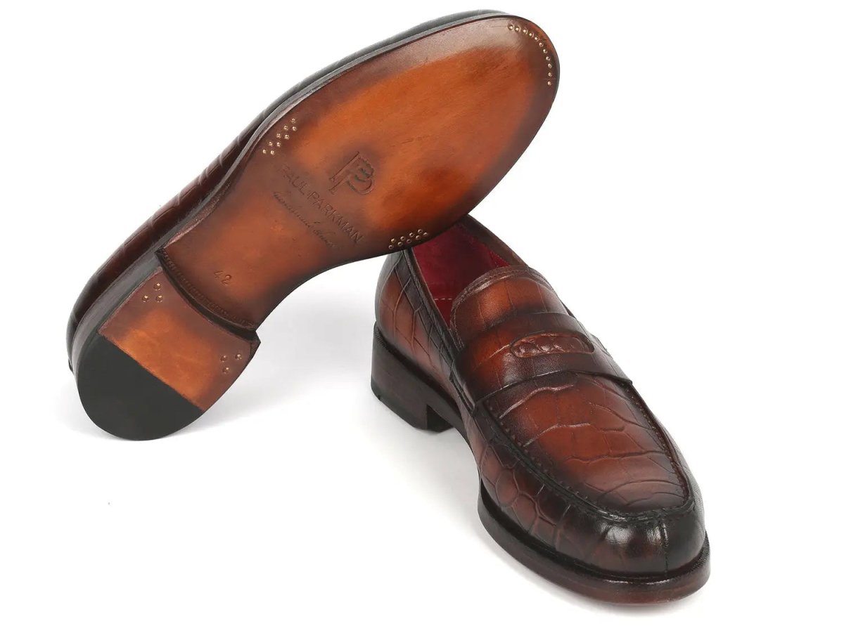 Paul Parkman Croco Embossed Calfskin Penny Loafers in Brown