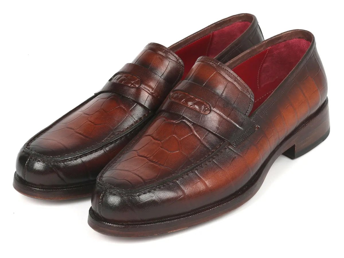 Paul Parkman Croco Embossed Calfskin Penny Loafers in Brown