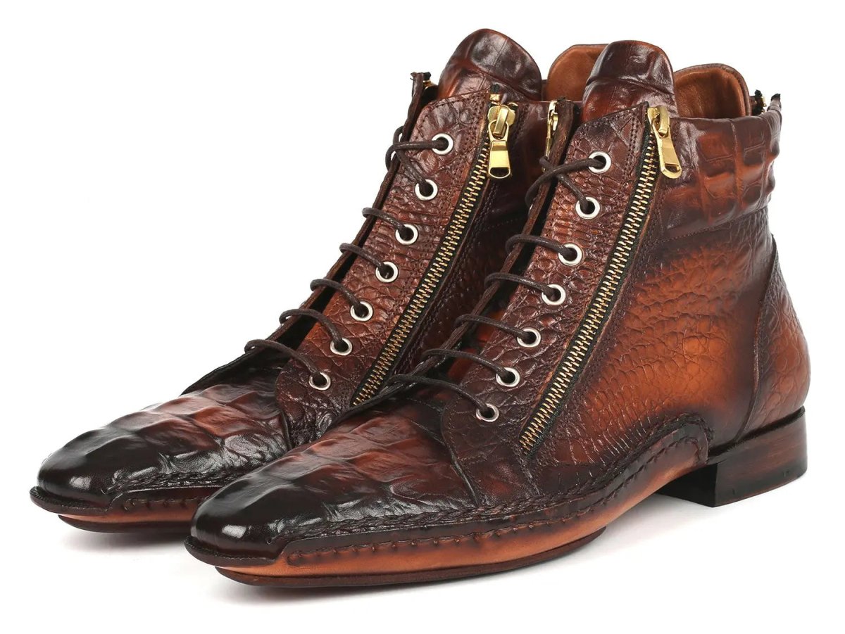 Paul Parkman Croco Textured Calfskin Handmade Zipper Boots in Brown Burnished