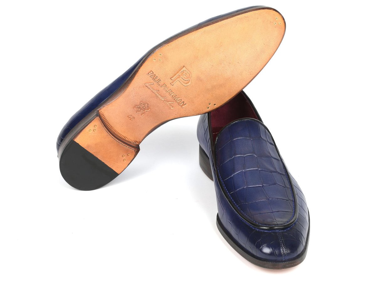 Paul Parkman Croco Textured Leather Loafer Blue