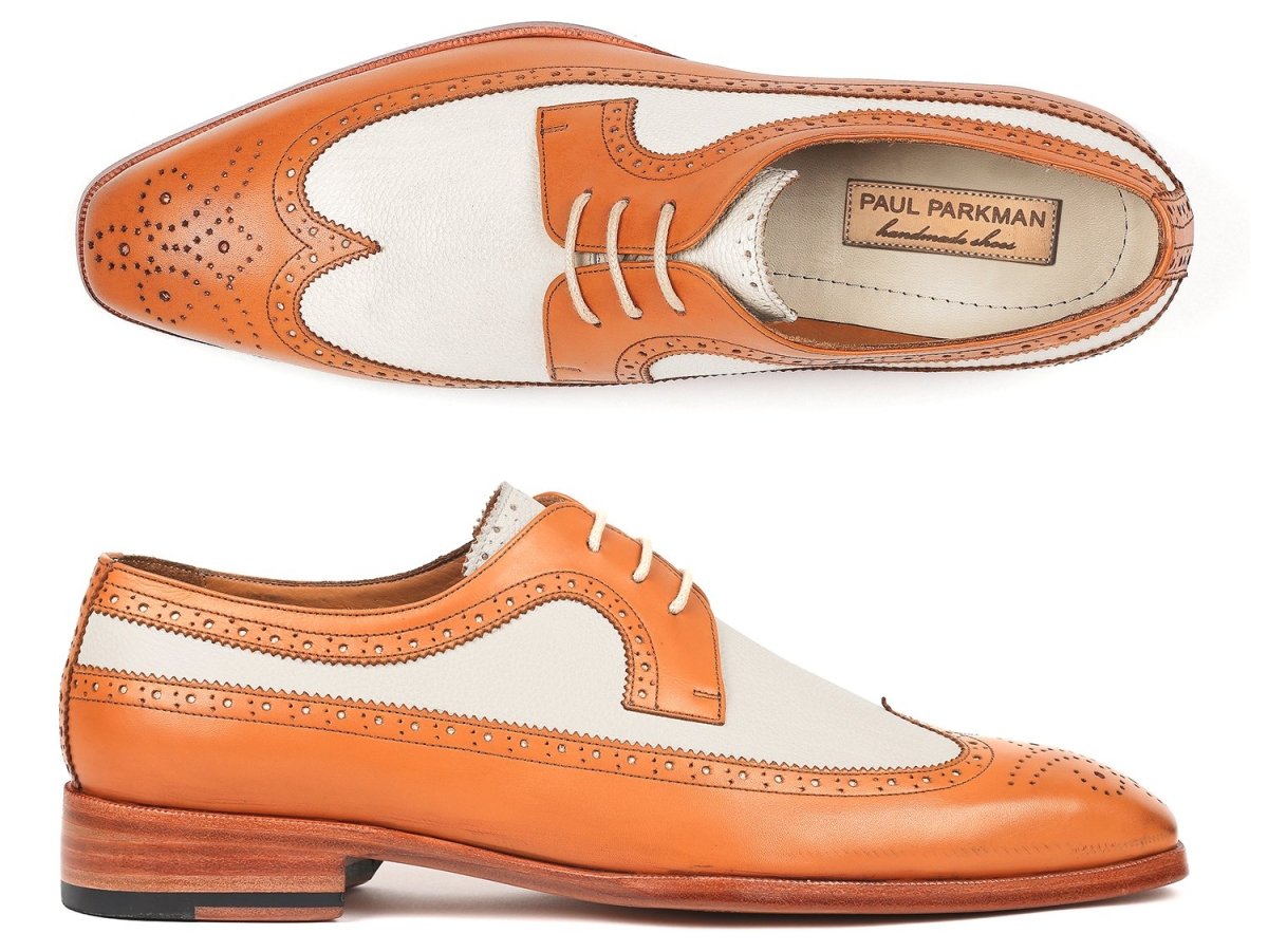 Paul Parkman Dual Tone Wingtip Derby Shoes in Cognac and Cream