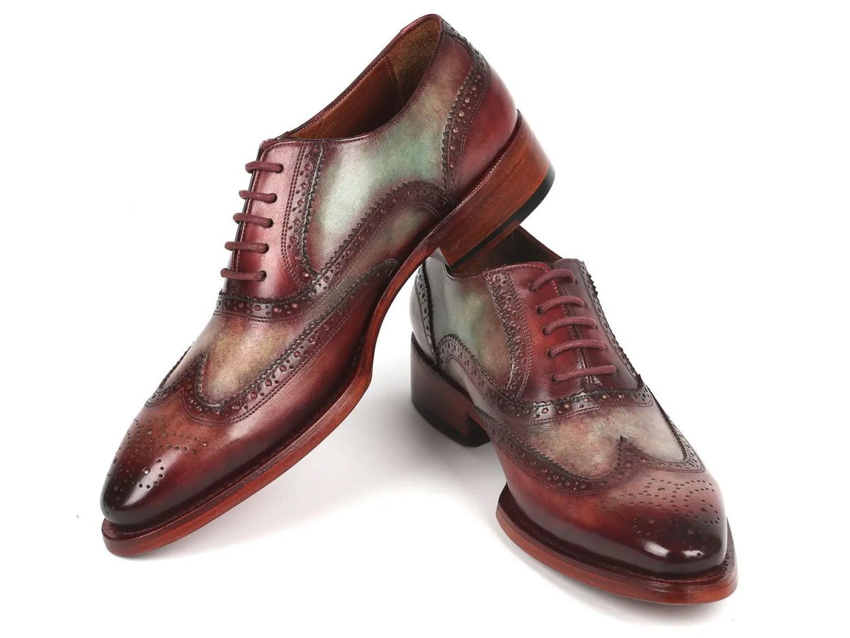 Paul Parkman Goodyear Welted Men's Two Tone Wingtip Oxfords in Green and Bordeaux