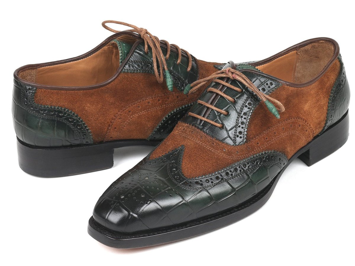 Paul Parkman Goodyear Welted Wingtip Oxfords in Brown and Green