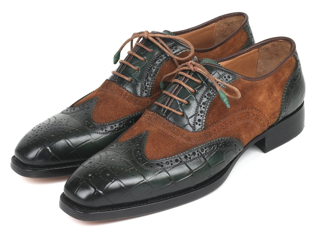 Paul Parkman Goodyear Welted Wingtip Oxfords in Brown and Green