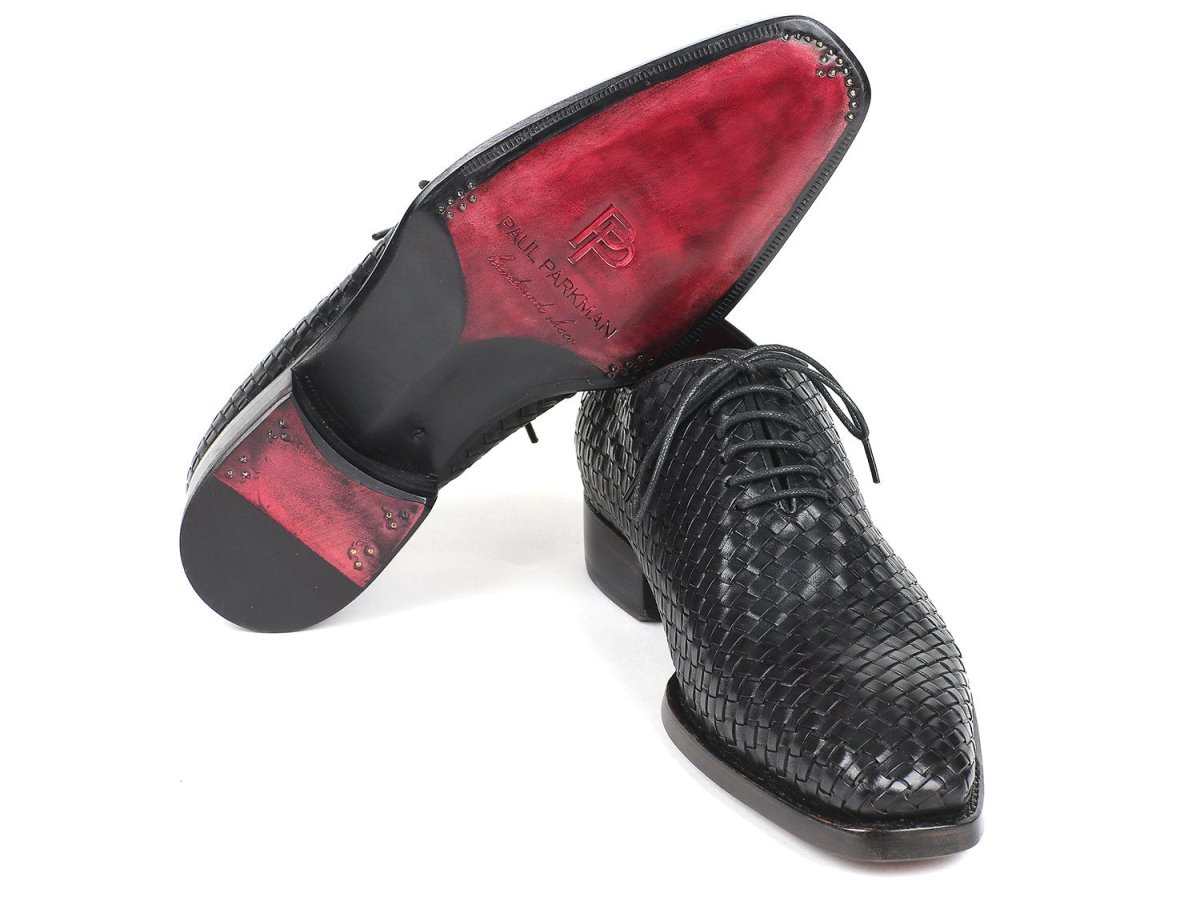 Paul Parkman Men's Black Woven Leather Oxfords (ID044WN86)