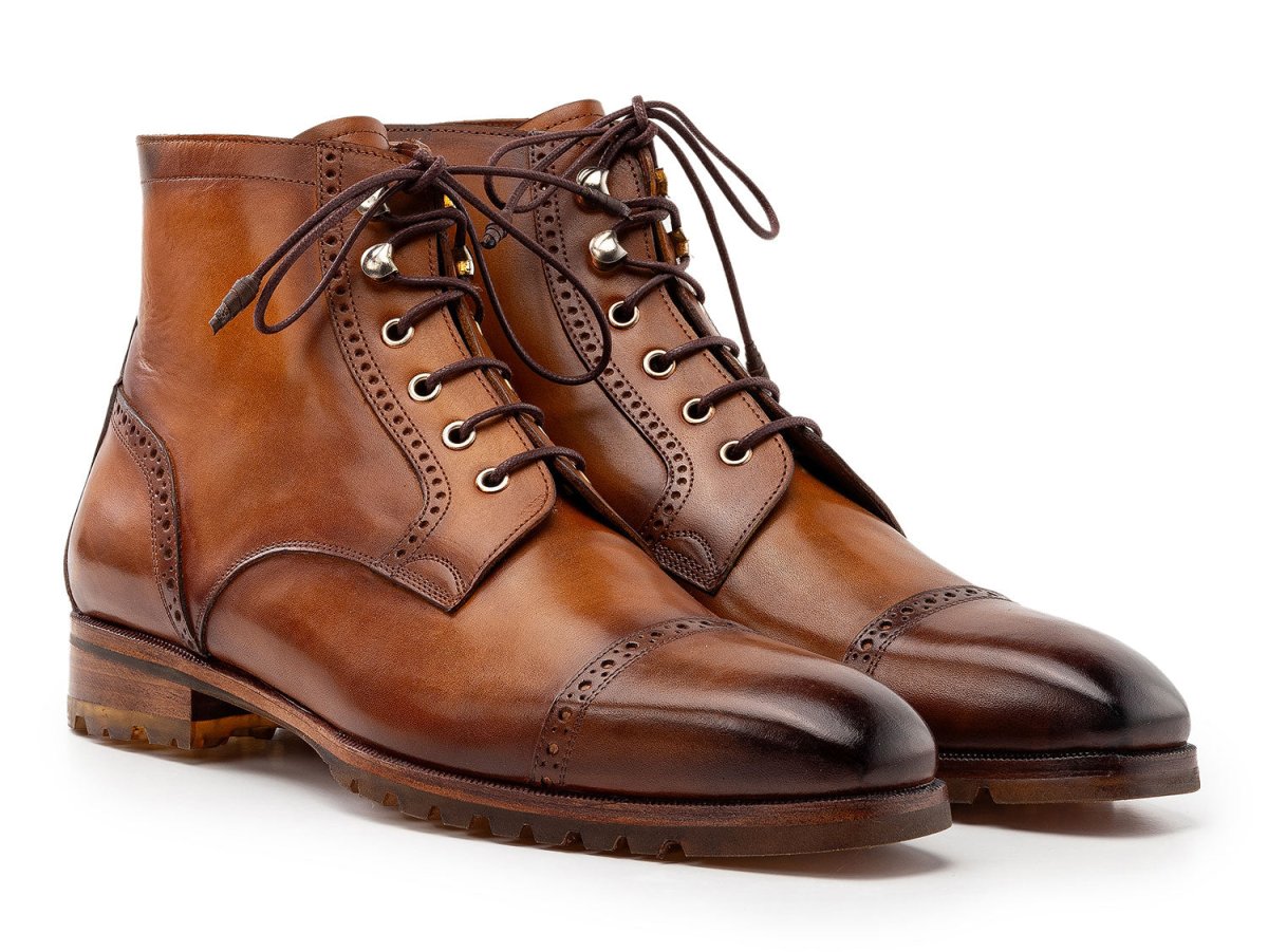 Paul Parkman Men's Brown Burnished Leather Cap Toe Boots (IDBT9566 BRW)
