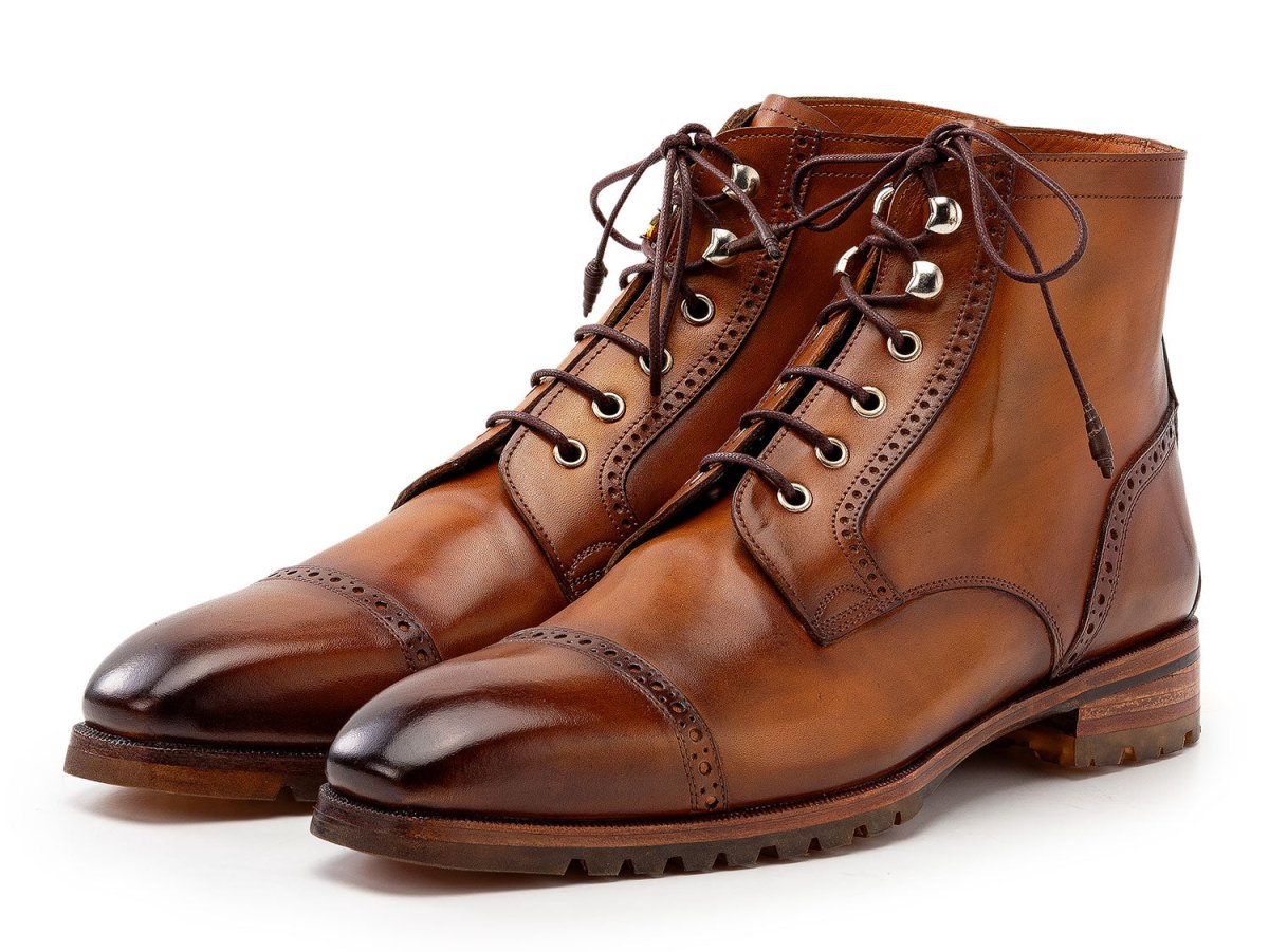 Paul Parkman Men's Brown Burnished Leather Cap Toe Boots (IDBT9566 BRW)