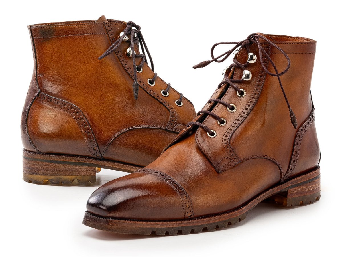 Paul Parkman Men's Brown Burnished Leather Cap Toe Boots (IDBT9566 BRW)