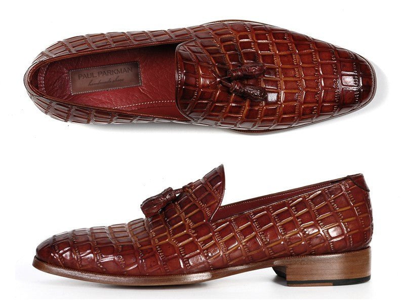 Paul Parkman Men's Brown Crocodile Embossed Calfskin Tassel Loafer (ID0823 - BRW)