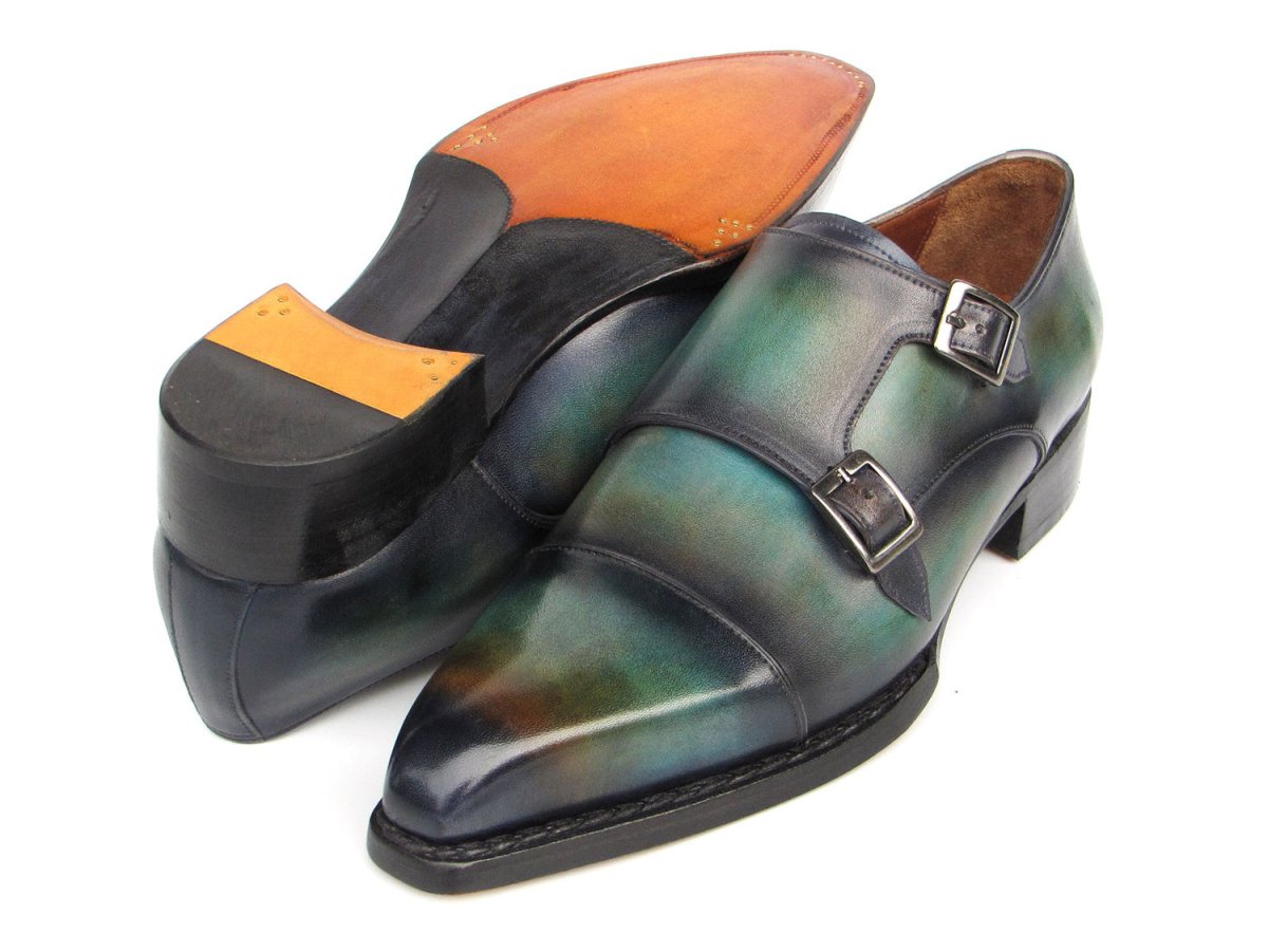 Paul Parkman Men's Cap Toe Double Monkstrap Shoes Green and Blue Patina