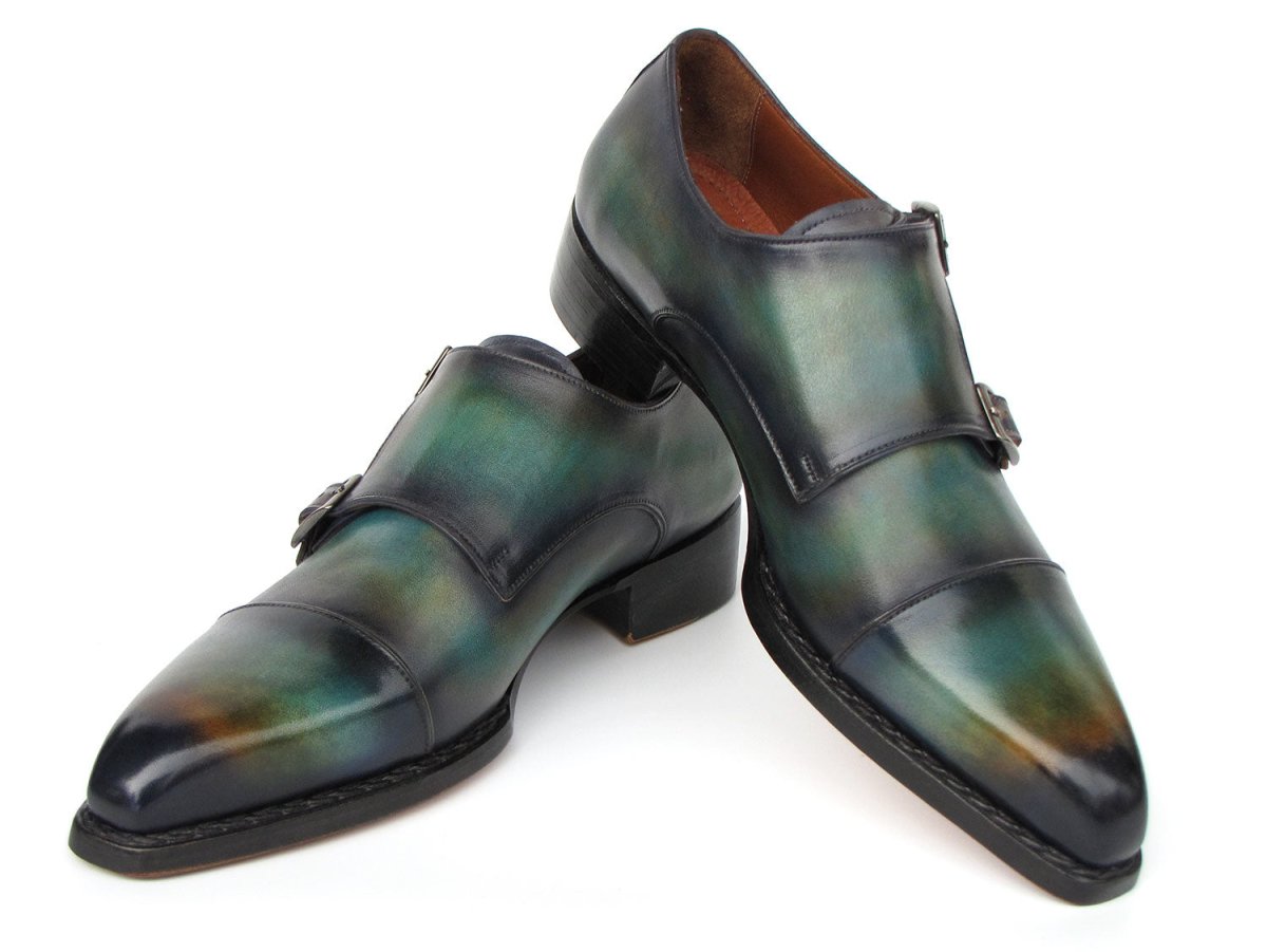 Paul Parkman Men's Cap Toe Double Monkstrap Shoes Green and Blue Patina