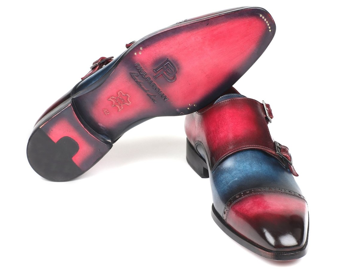 Paul Parkman Men's Captoe Double Monkstraps in Blue and Fuxia