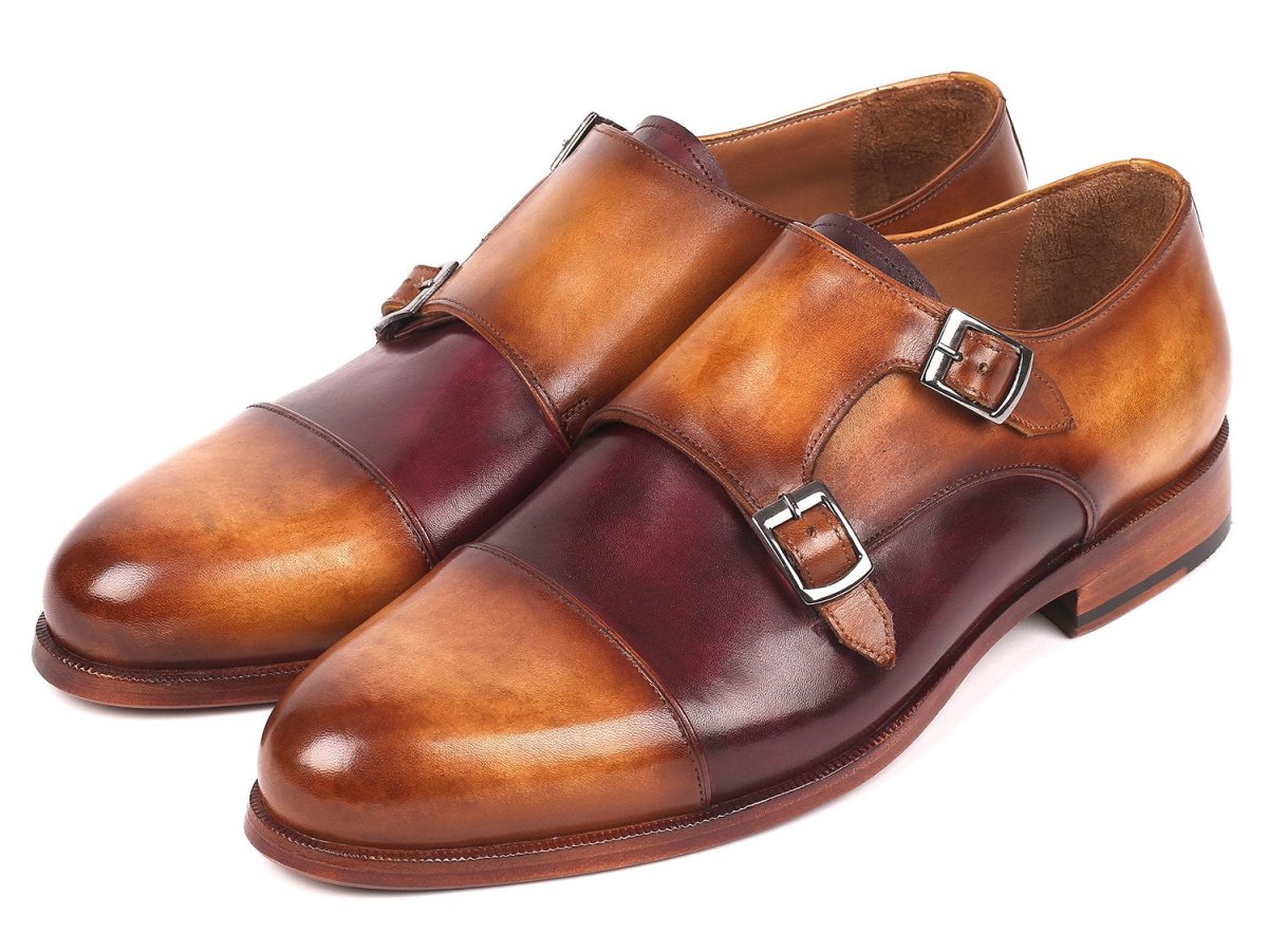 Paul Parkman Men's Captoe Double Monkstraps in Brown and Purple