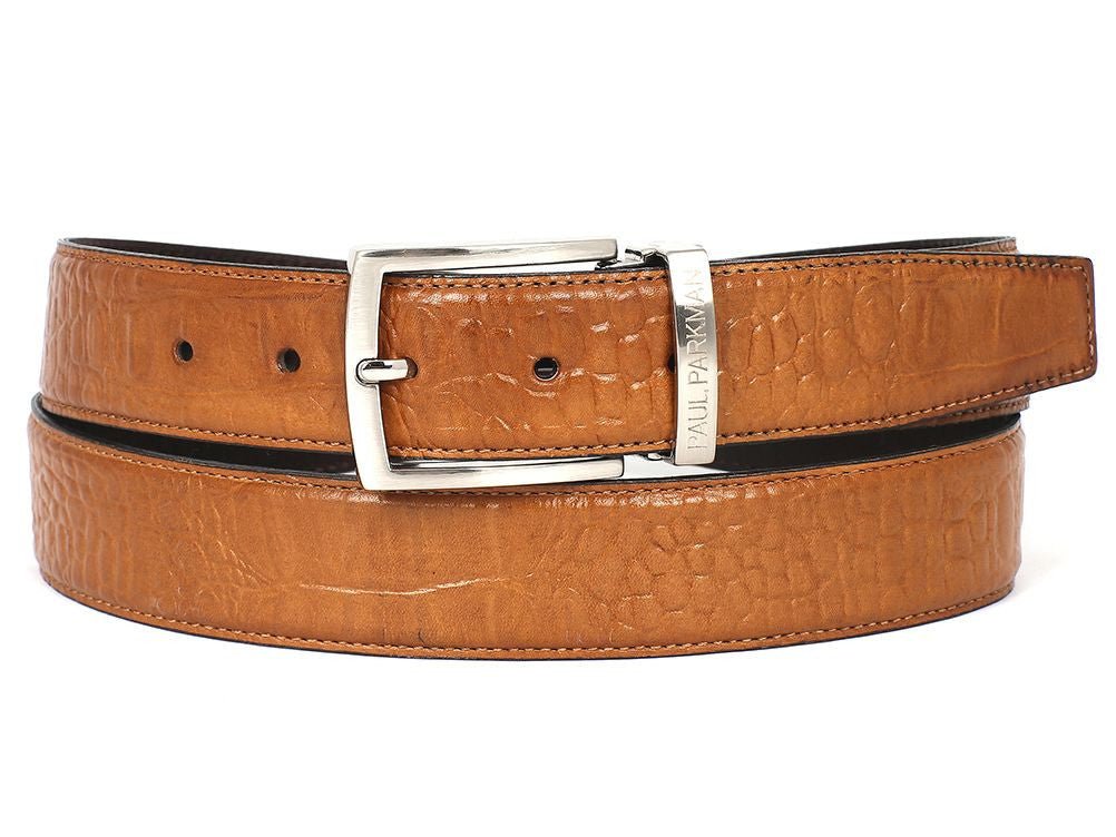 Paul Parkman Men's Croco Embossed Calfskin Leather Belt in Camel