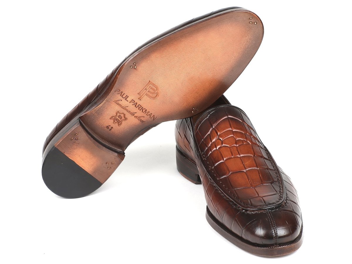 Paul Parkman Men's Croco Embossed Calfskin Loafers in Brown Burnished