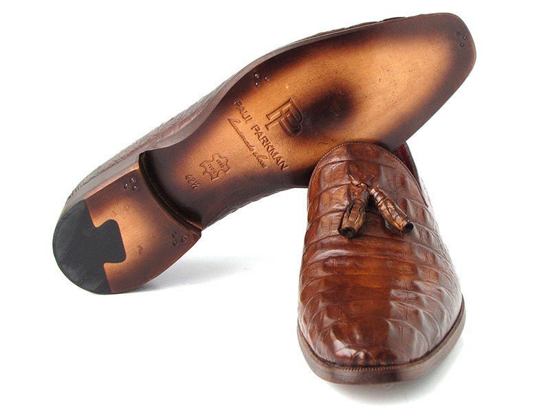 Paul Parkman Men's Croco Embossed Calfskin Tassel Loafers in Brown