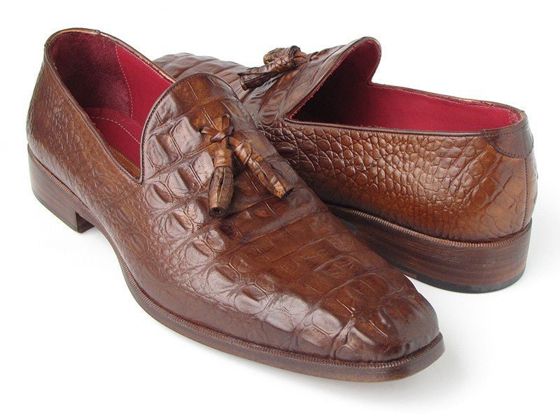 Paul Parkman Men's Croco Embossed Calfskin Tassel Loafers in Brown