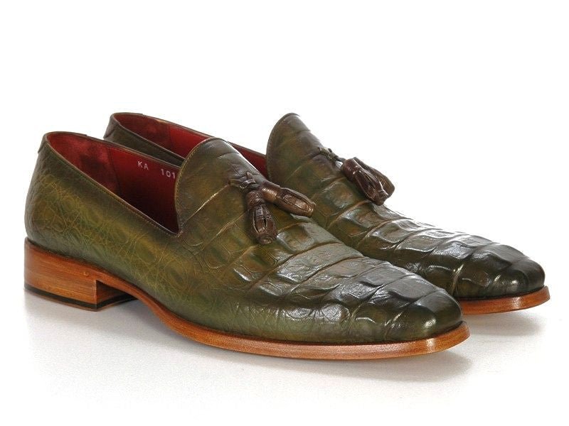 Paul Parkman Men's Croco Embossed Calfskin Tassel Loafers in Green