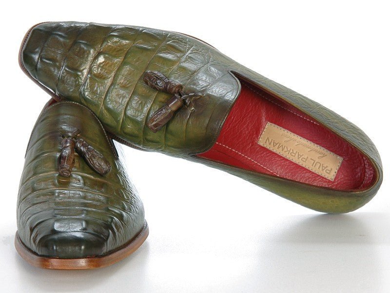 Paul Parkman Men's Croco Embossed Calfskin Tassel Loafers in Green