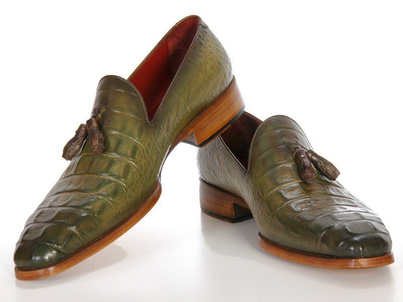 Paul Parkman Men's Croco Embossed Calfskin Tassel Loafers in Green