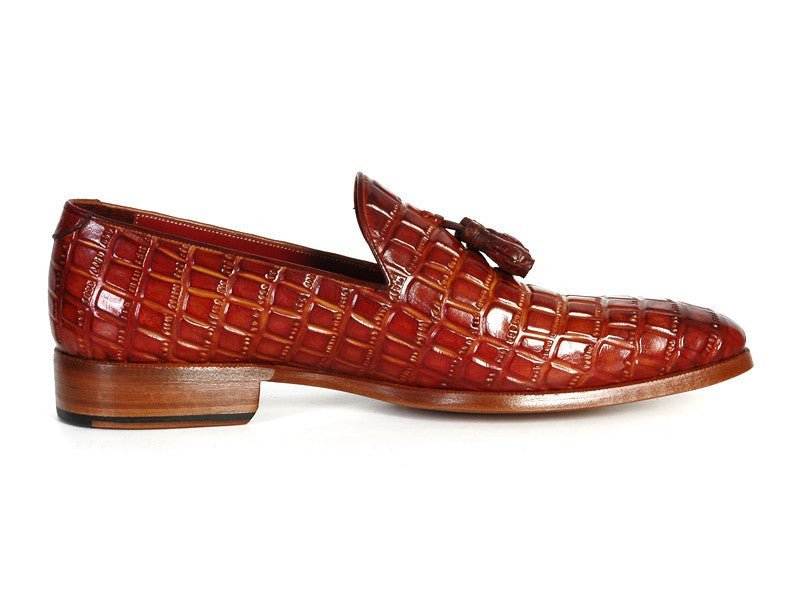 Paul Parkman Men's Croco Embossed Calfskin Tassel Loafers in Reddish Camel
