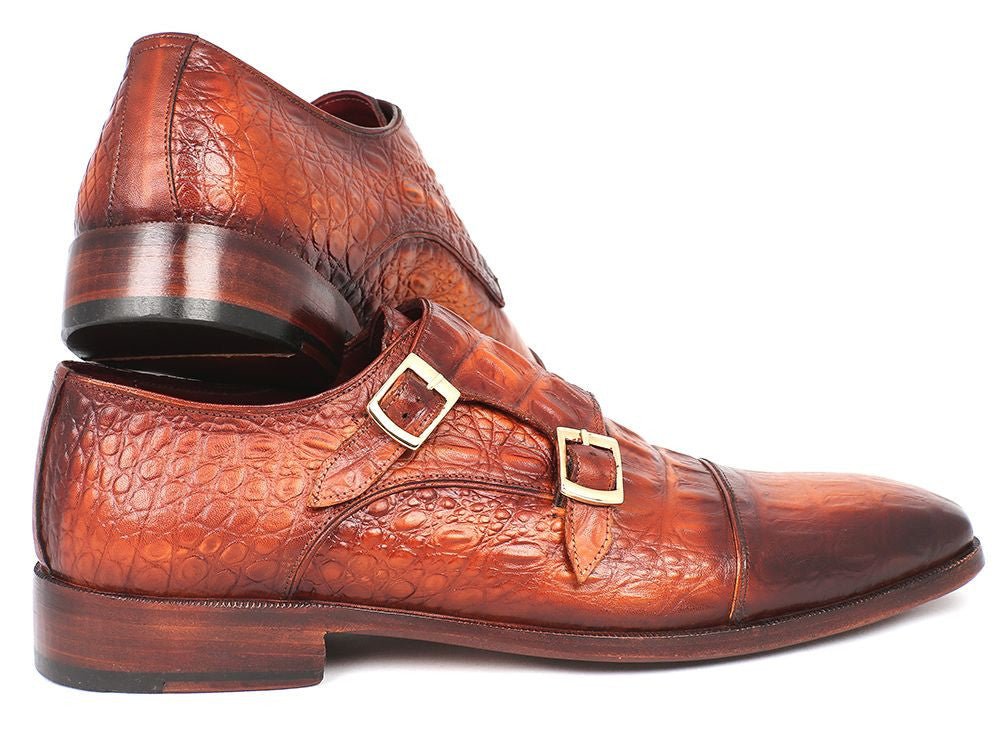 Paul Parkman Men's Croco Embossed Leather Double Monkstraps in Brown