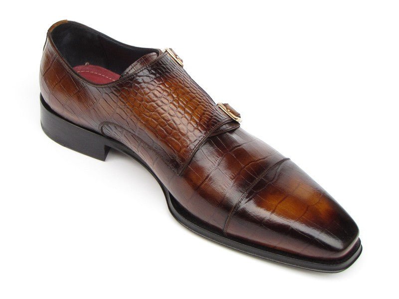 Paul Parkman Men's Croco Embossed Leather Double Monkstraps in Brown