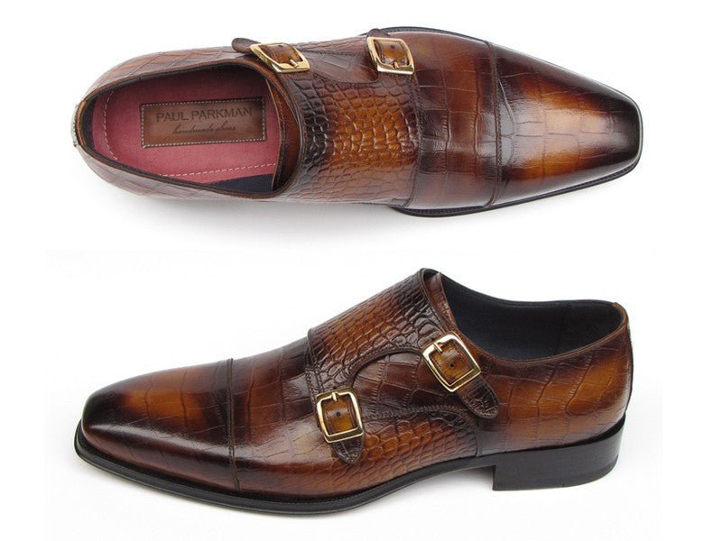 Paul Parkman Men's Croco Embossed Leather Double Monkstraps in Brown