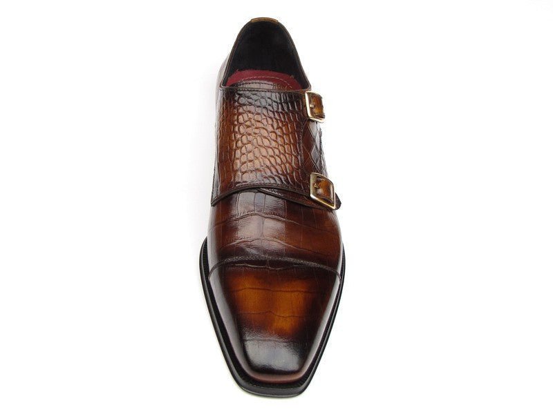 Paul Parkman Men's Croco Embossed Leather Double Monkstraps in Brown