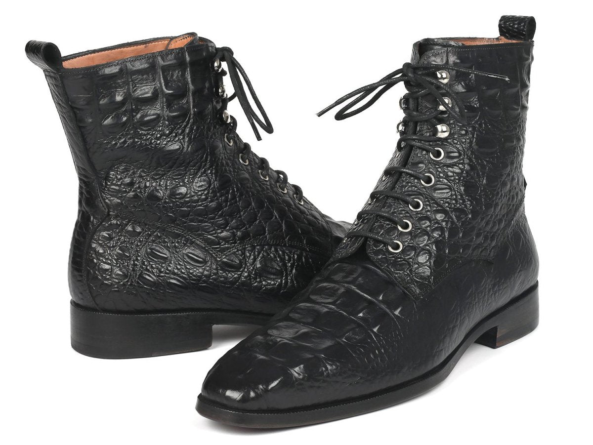 Paul Parkman Men's Croco Embossed Leather Lace Up Boots in Black