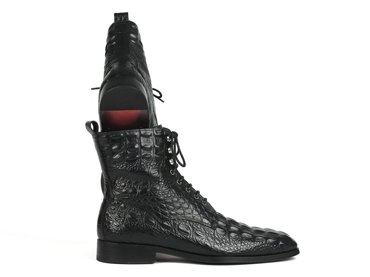 Paul Parkman Men's Croco Embossed Leather Lace Up Boots in Black