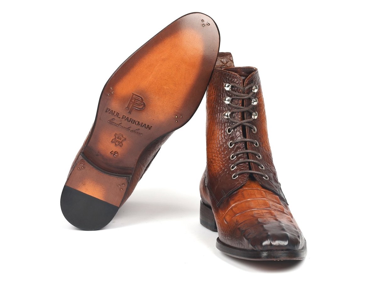 Paul Parkman Men's Croco Embossed Leather Lace Up Boots in Brown
