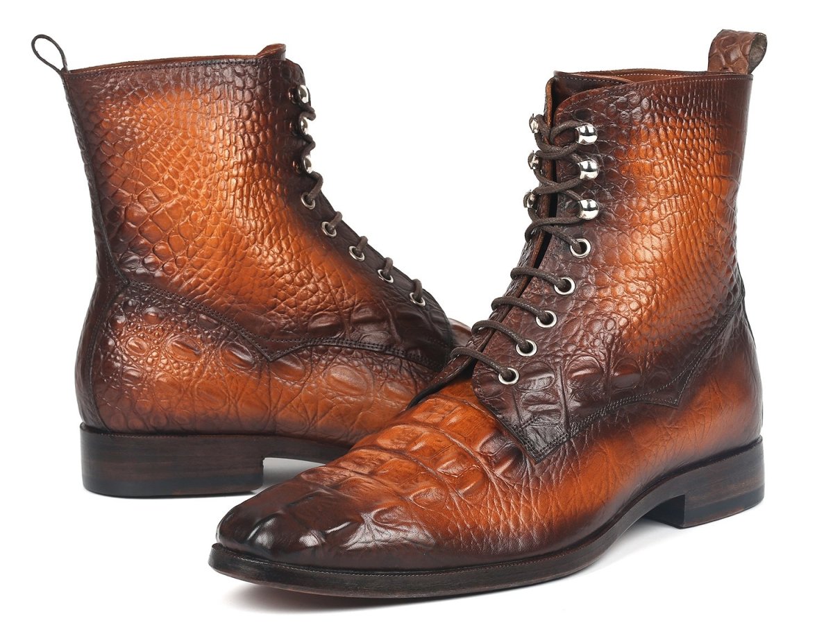 Paul Parkman Men's Croco Embossed Leather Lace Up Boots in Brown