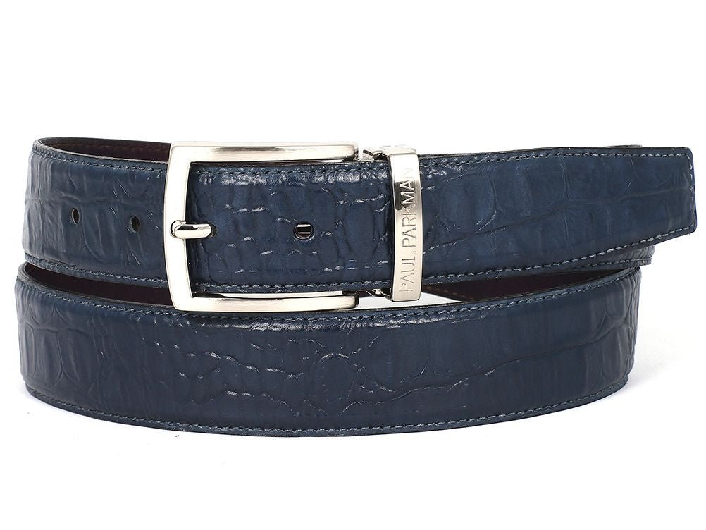 Paul Parkman Men's Crocodile Textured Leather Belt Navy (IDB02 NVY)