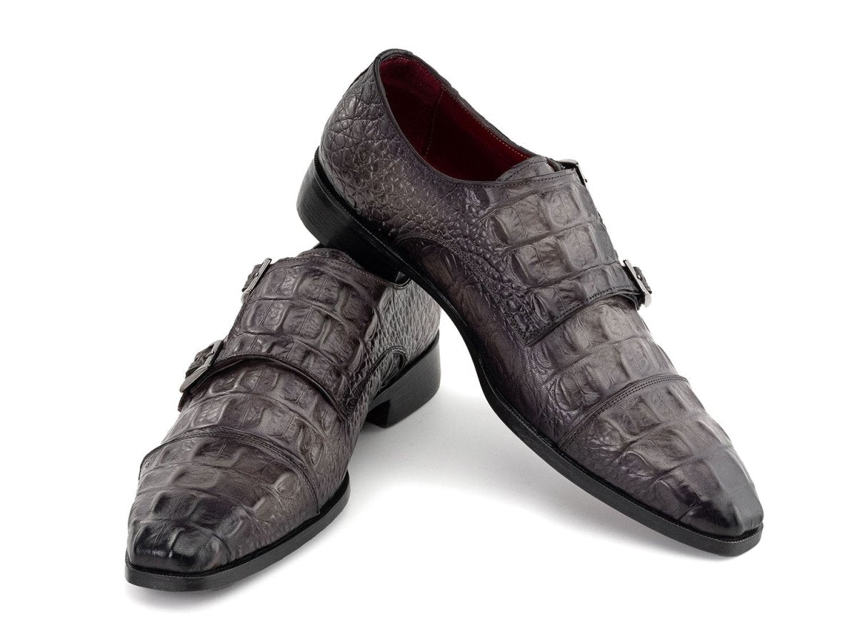 Paul Parkman Men's Custom Made Double Monkstrap Shoes Gray Crocodile Textured Leather 045BF96