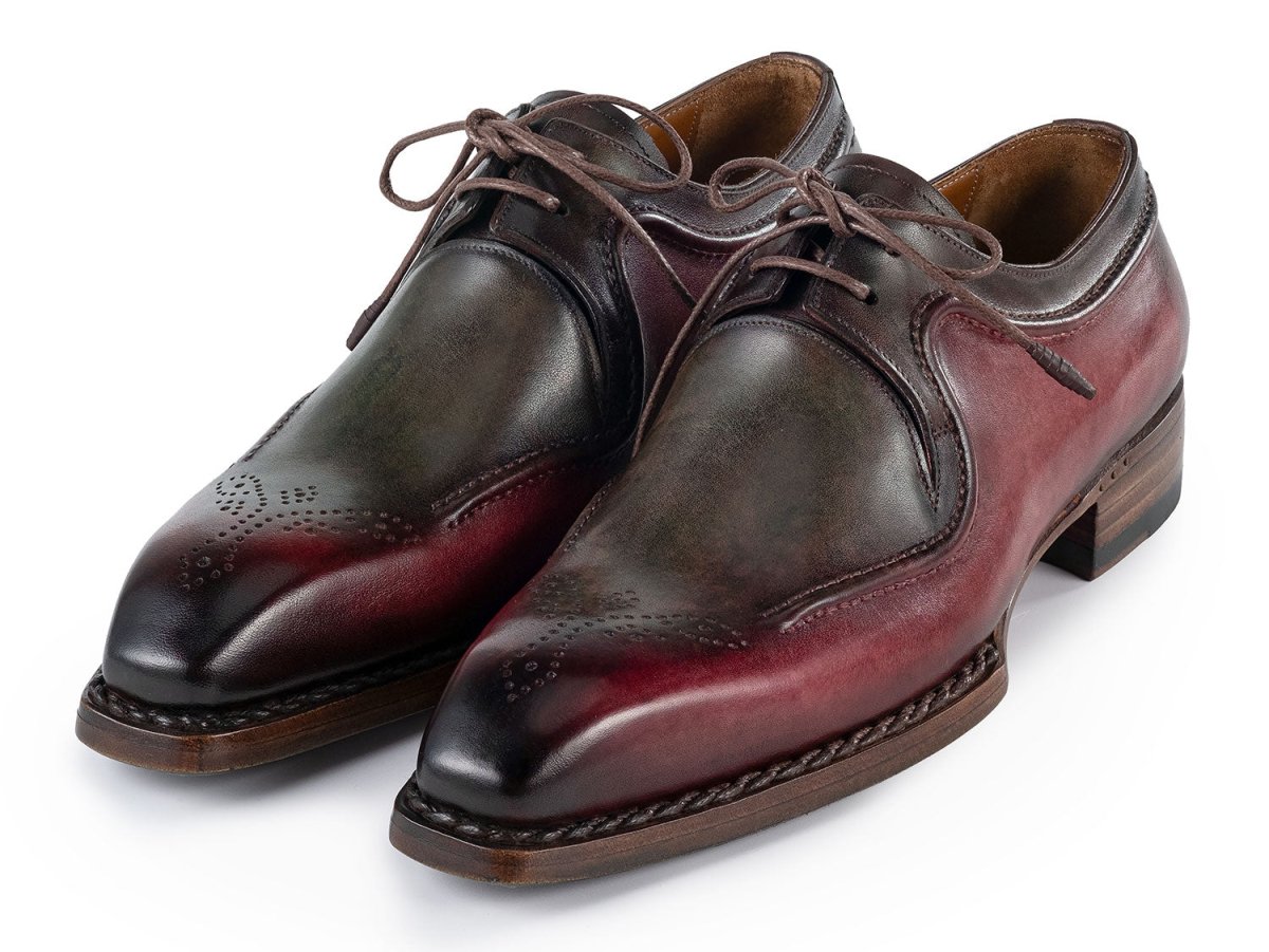 Paul Parkman Men's Custom Made Hand Welted Green and Brown Leather Derby Shoes 326Y27