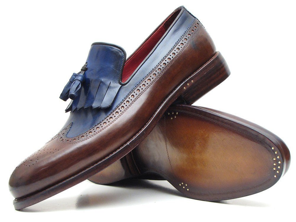 Paul Parkman Men's Custom Made Leather Kiltie Loafers with Tassel in Dark Brown and Navy
