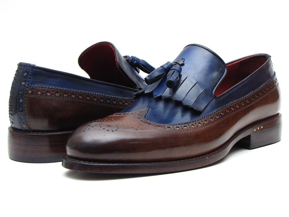 Paul Parkman Men's Custom Made Leather Kiltie Loafers with Tassel in Dark Brown and Navy
