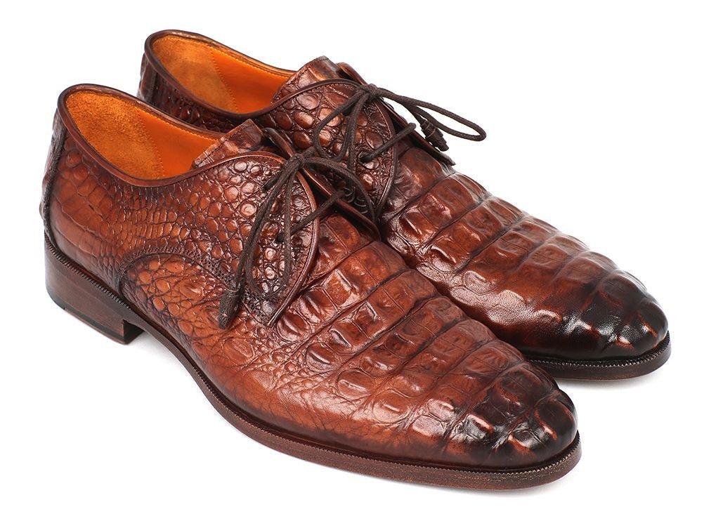 Paul Parkman Men's Custom Made Light Brown Crocodile Embossed Calfskin Derby Shoes 1438TAB