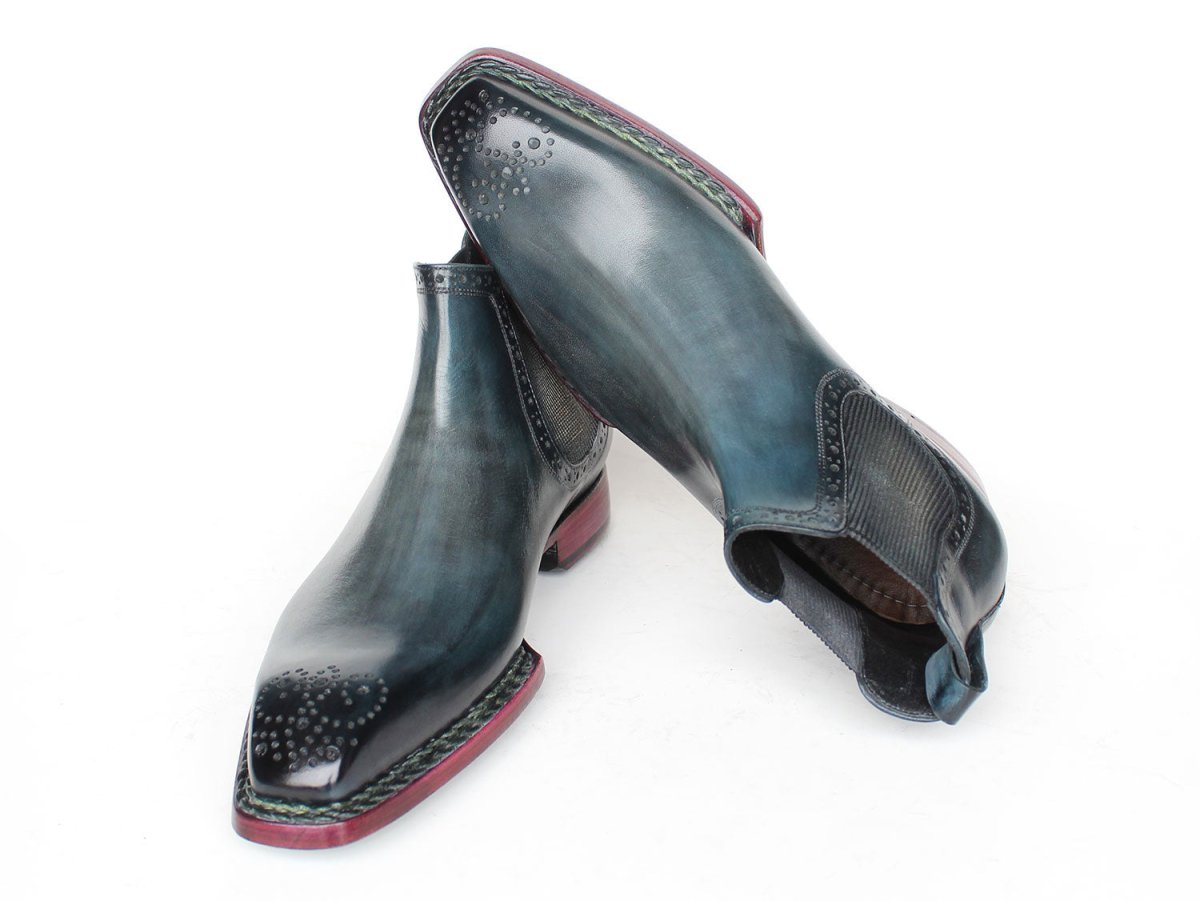 Paul Parkman Men's Custom Norwegian Welted Chelsea Boots Blue Burnished Leather 8847 BLU