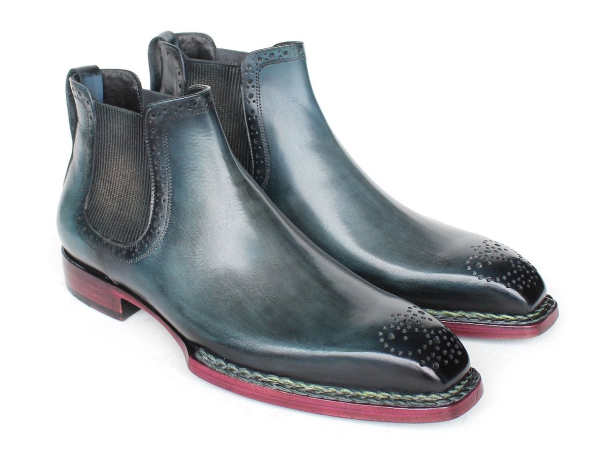 Paul Parkman Men's Custom Norwegian Welted Chelsea Boots Blue Burnished Leather 8847 BLU